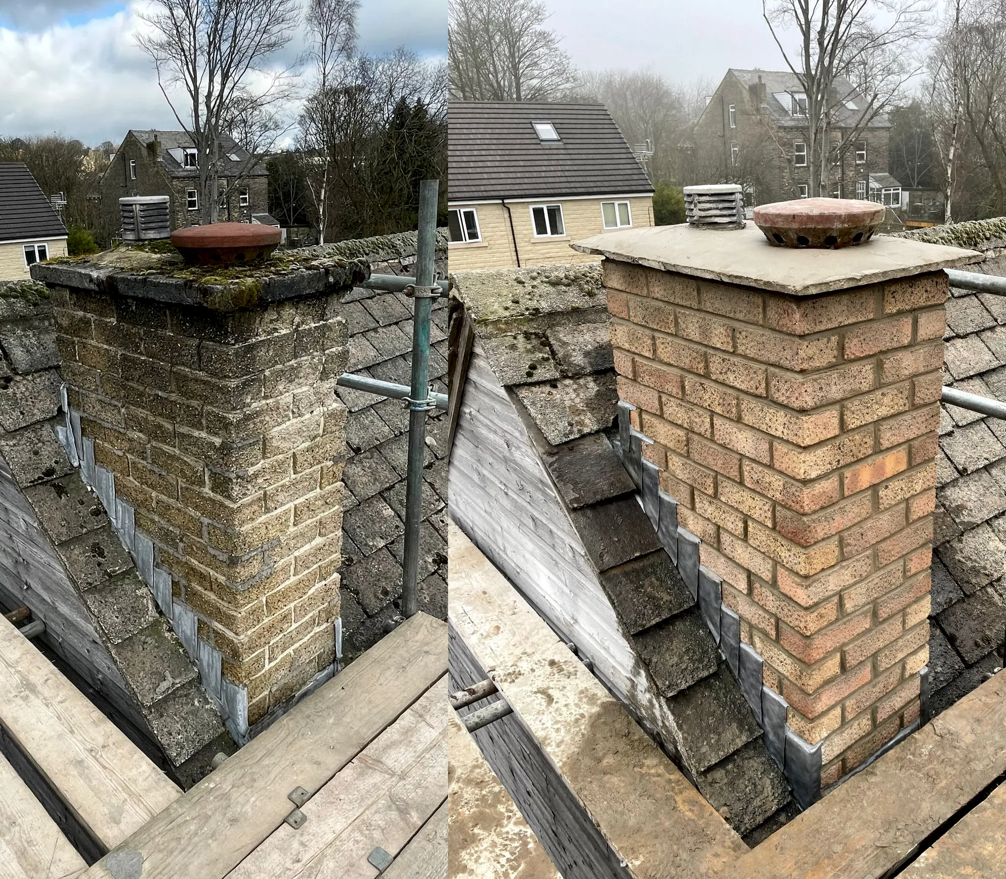 Two brick chimneys on a slate roof with metal flashing, one weathered and one newly repaired